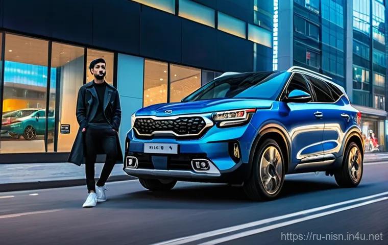 니산 캐시카이와 기아 셀토스 비교 - **Prompt: Dynamic Urban Explorer**
A vibrant, "Pluton blue" Kia Seltos is depicted in a dynamic,...